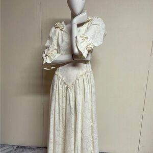 1980s Ivory Floral Jacquard Puff-Sleeve Dress
